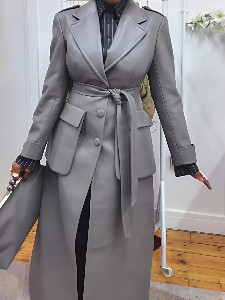 Faux Leather Oversized Front Flap Pockets Trench Coat