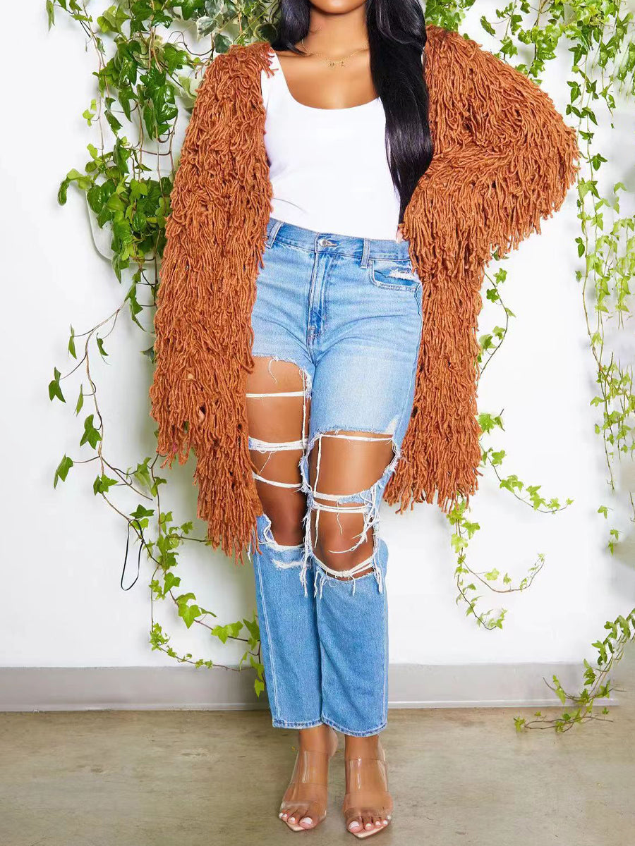 Knitted Crochet Fringe Sweater Cardigan