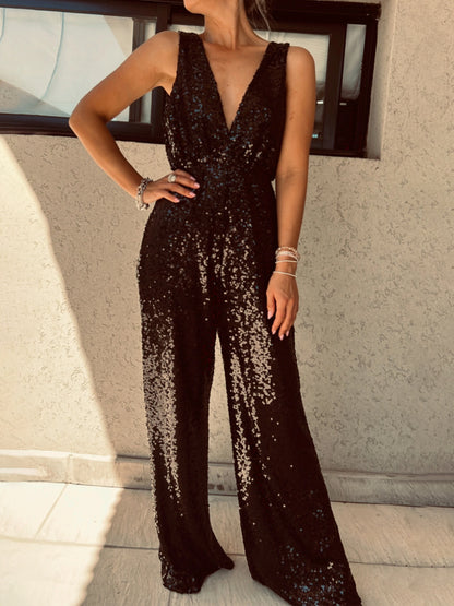 Sequined Deep V Neck Backess Party Jumpsuit