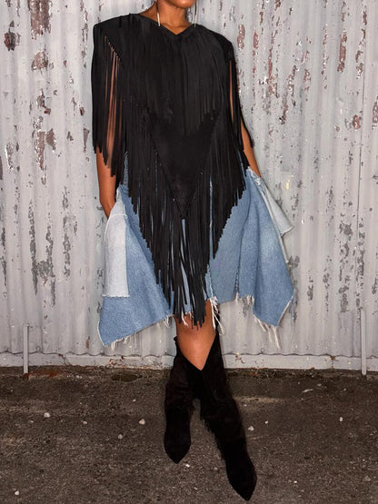 Suede V Neck Fringe Top