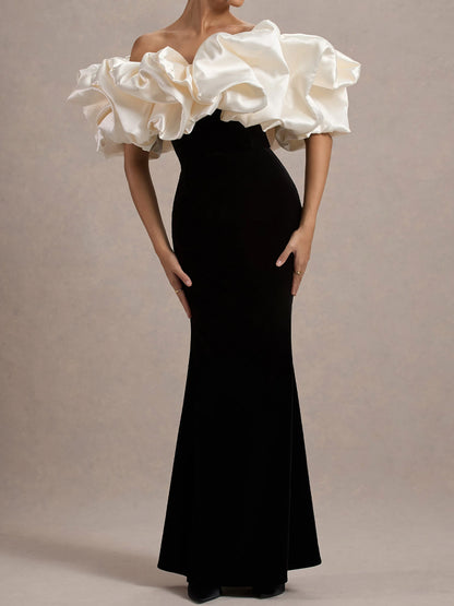 Ruffled Trim Patchwork Stretch Velvet Maxi Dress