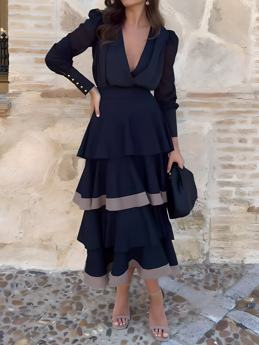 Elegant Deep V Neck Flouced Two Pieces Dress