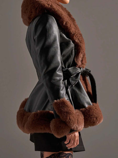 Faux Fur Trim Peplum Waist Warm Coat