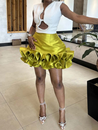 Fashion Hollowed Out Ruffled Two Pieces Dress