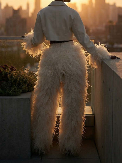 Feather Decoration Fashion Cropped Blazer & Pants