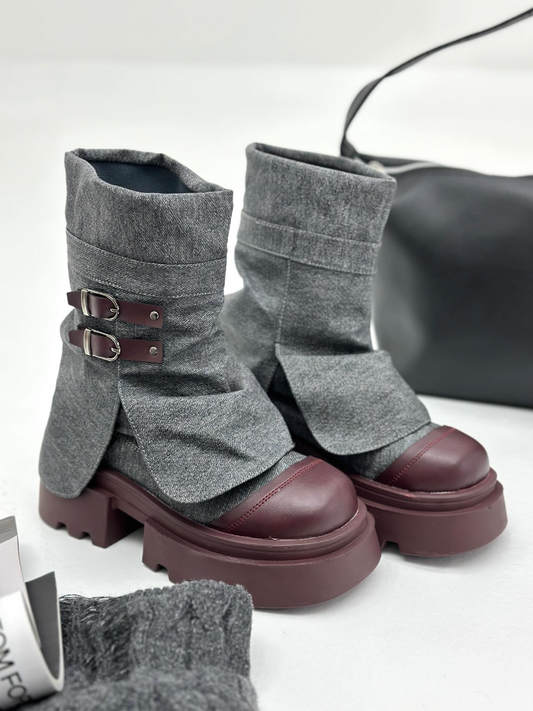 Patchwork Leather Buckle Boots