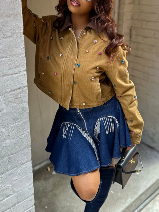 Wash Denim Jacket With Gem Trim