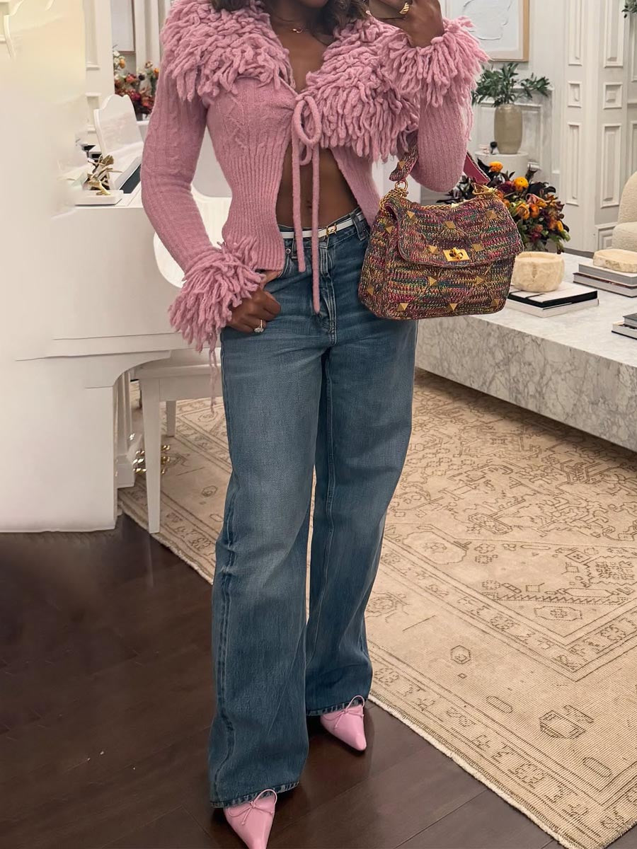 Knit Fringed Deep V Neck Top