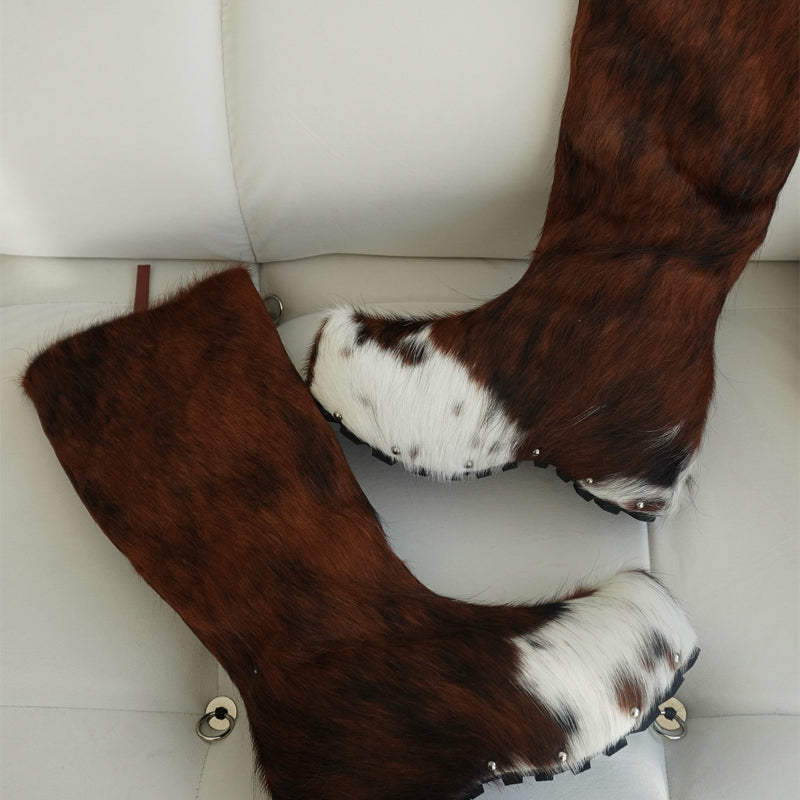 Platform Sole Imitation Calf Hair Knee-High Winter Boots
