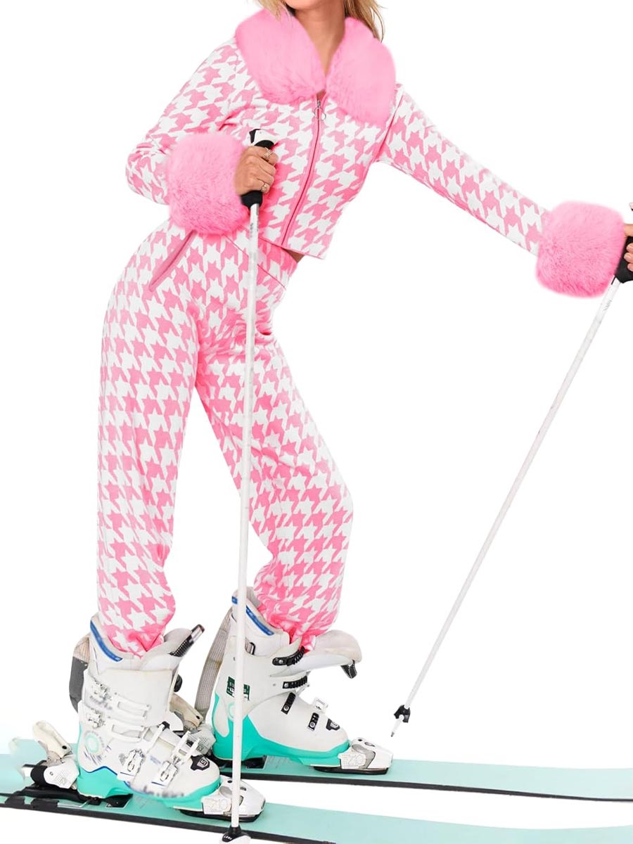 Fur Collar Color Block Two Pieces Set