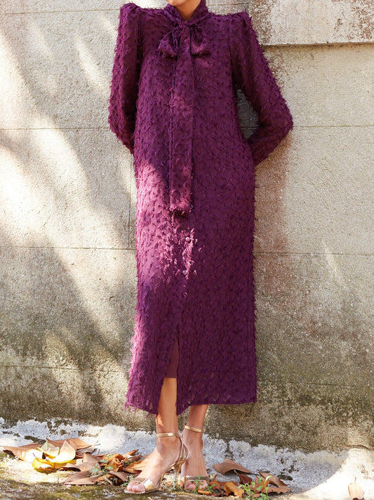 Neck Bow Long Sleeve Midi Dress