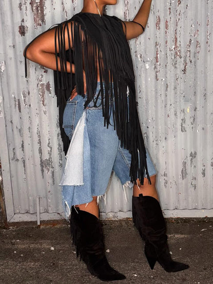 Suede V Neck Fringe Top