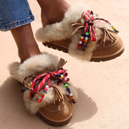 Beaded Fringed Plush Lace-Up Slippers