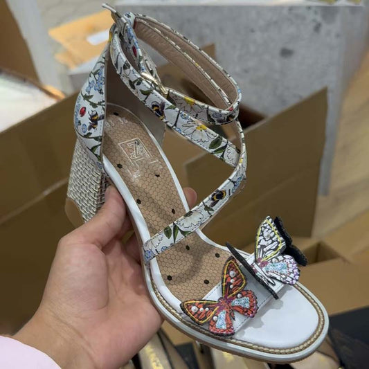 Butterfly-Embellished Thick-Heeled Sandals