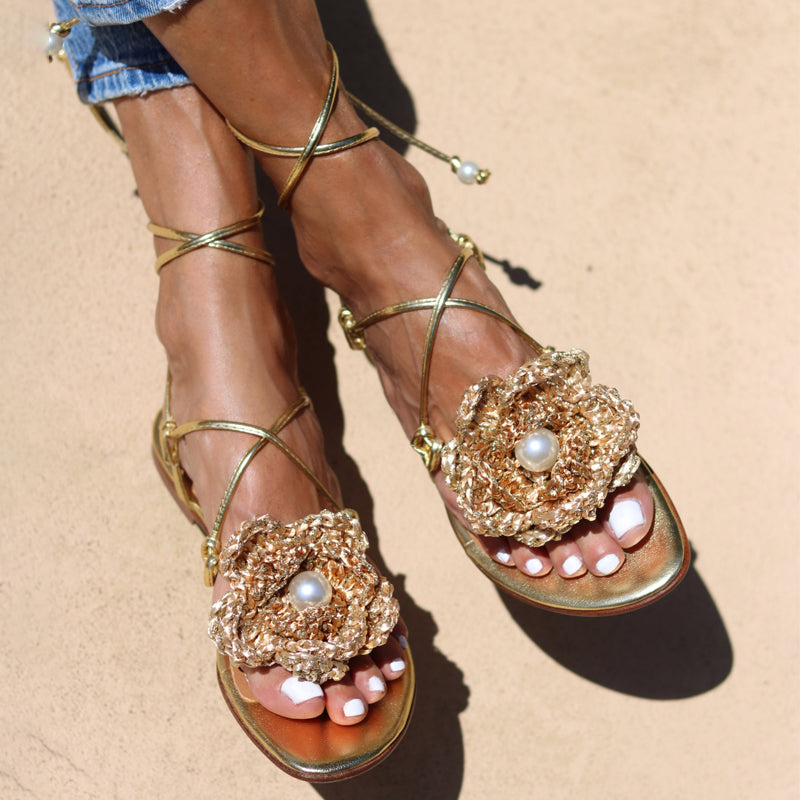 Faux Pearls Crochet Flower Flat Slippers