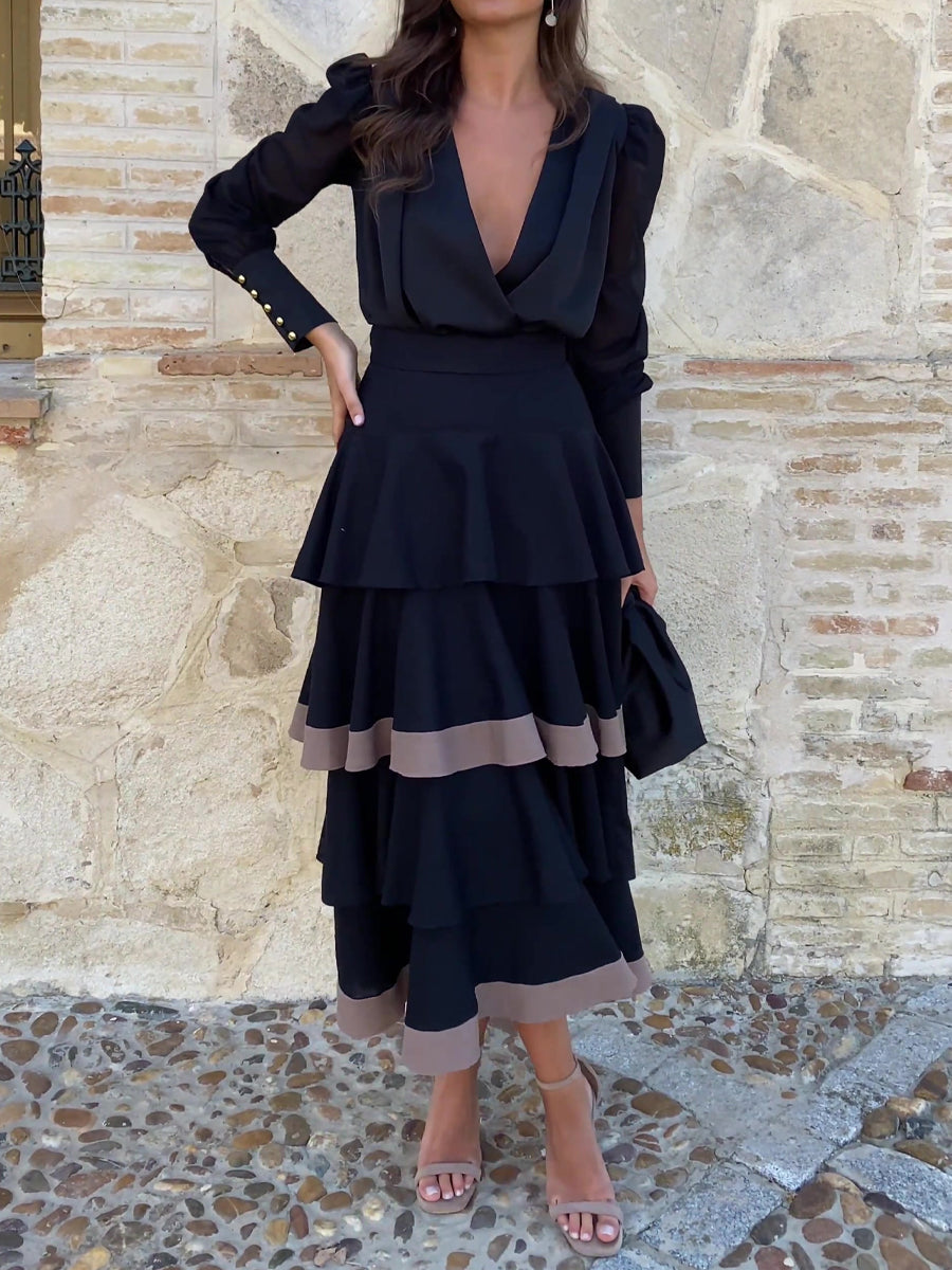 Elegant Deep V Neck Flouced Two Pieces Dress