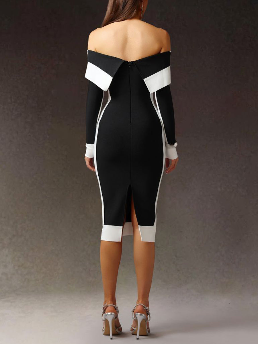 Off Shoulder Color Block Midi Dress