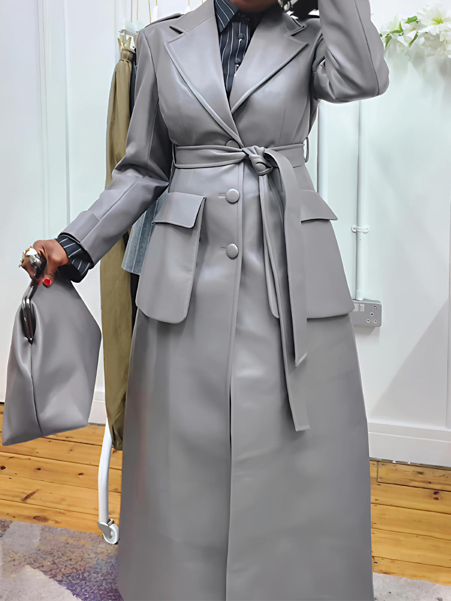 Faux Leather Oversized Front Flap Pockets Trench Coat