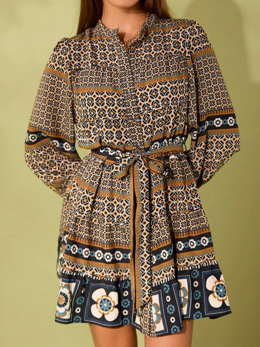 Printed Band Collar Button-front Belted Dress