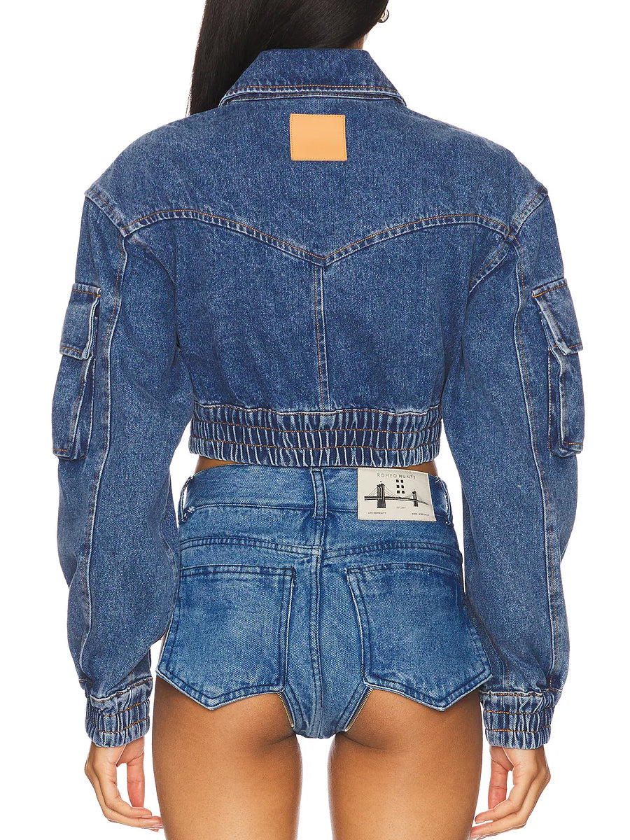 Denim Pockets Zip Up Cropped Jacket