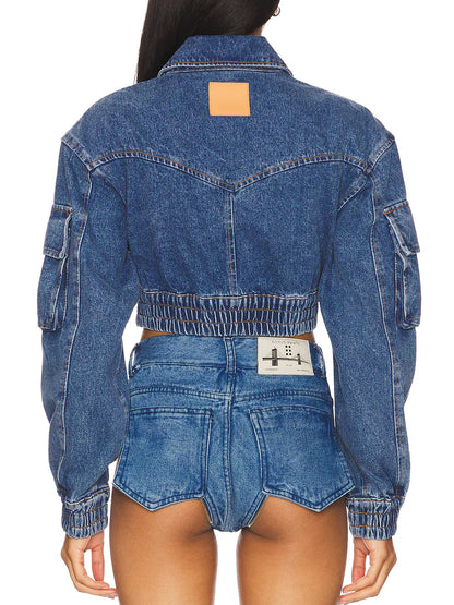 Denim Pockets Zip Up Cropped Jacket