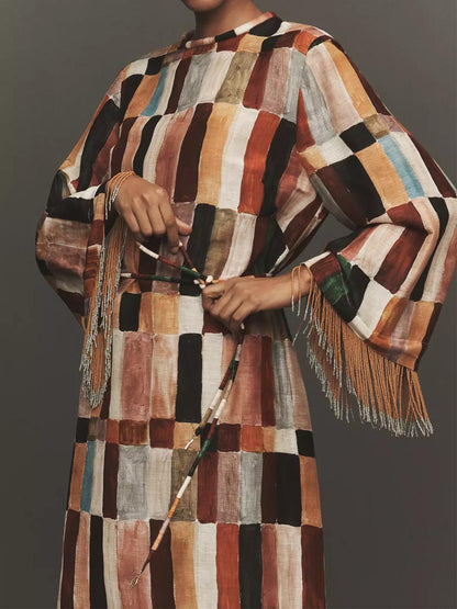 Tassel-Trim Cuff Printed Maxi Dress