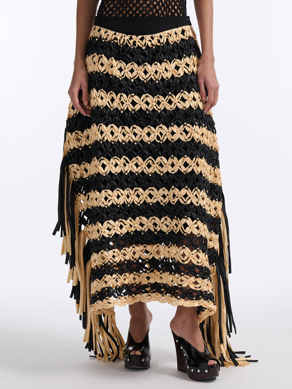 Knotted Fringe Striped Hand-made Maxi Skirt