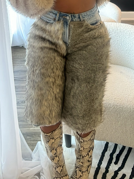 Faux Fur Patchwork Denim Pants