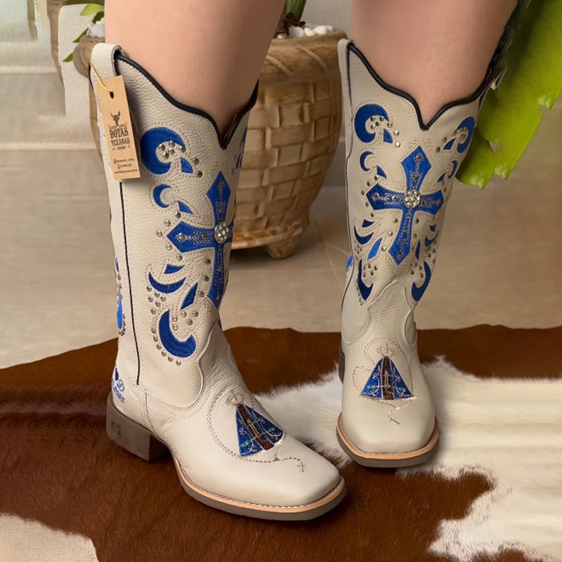 Embroidered Square-toed Boots