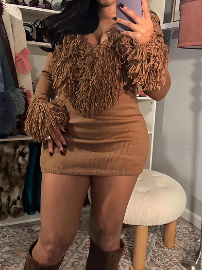 Deep V-Neck Sweater Mini Dress