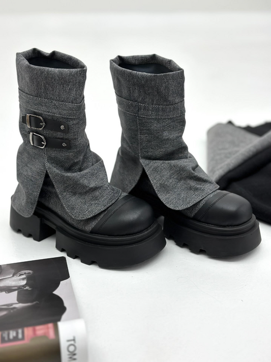 Patchwork Leather Buckle Boots