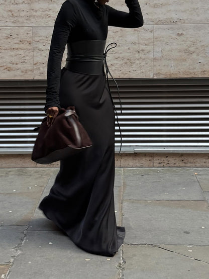 Black Minimalist Two-Piece Set With Leather Belt