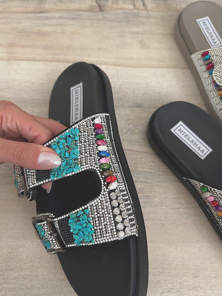 Rhinestone Double Buckle Flat Sandals