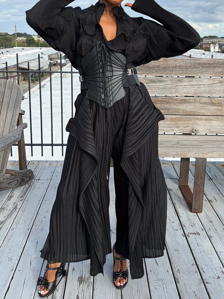 Elastic Pleated Top & Accordion Pants Without Belt
