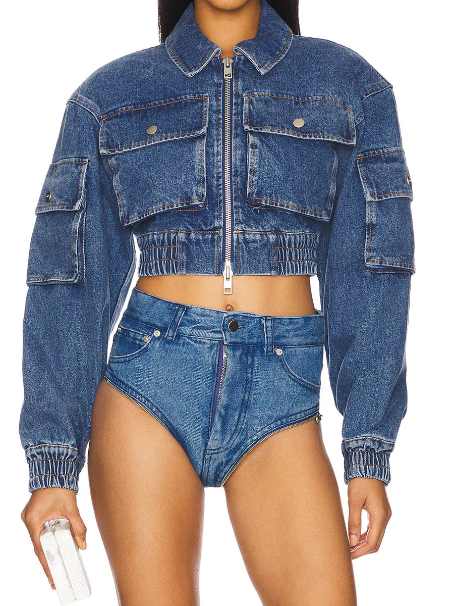 Denim Pockets Zip Up Cropped Jacket
