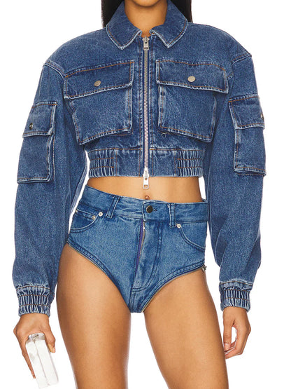 Denim Pockets Zip Up Cropped Jacket
