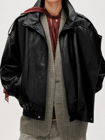 Tie Asymmetric Faux Leather Bomber Jacket