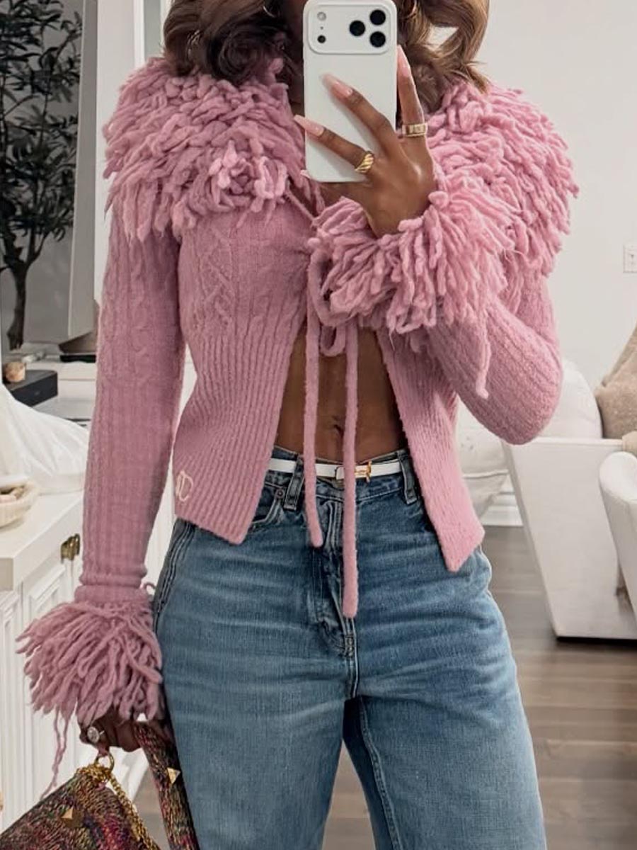 Knit Fringed Deep V Neck Top