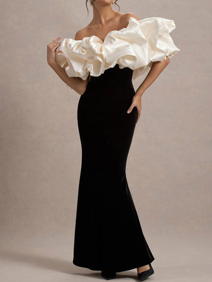 Ruffled Trim Patchwork Stretch Velvet Maxi Dress