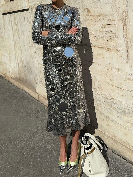 Sequined Round Neck Long Sleeve Straight Dress