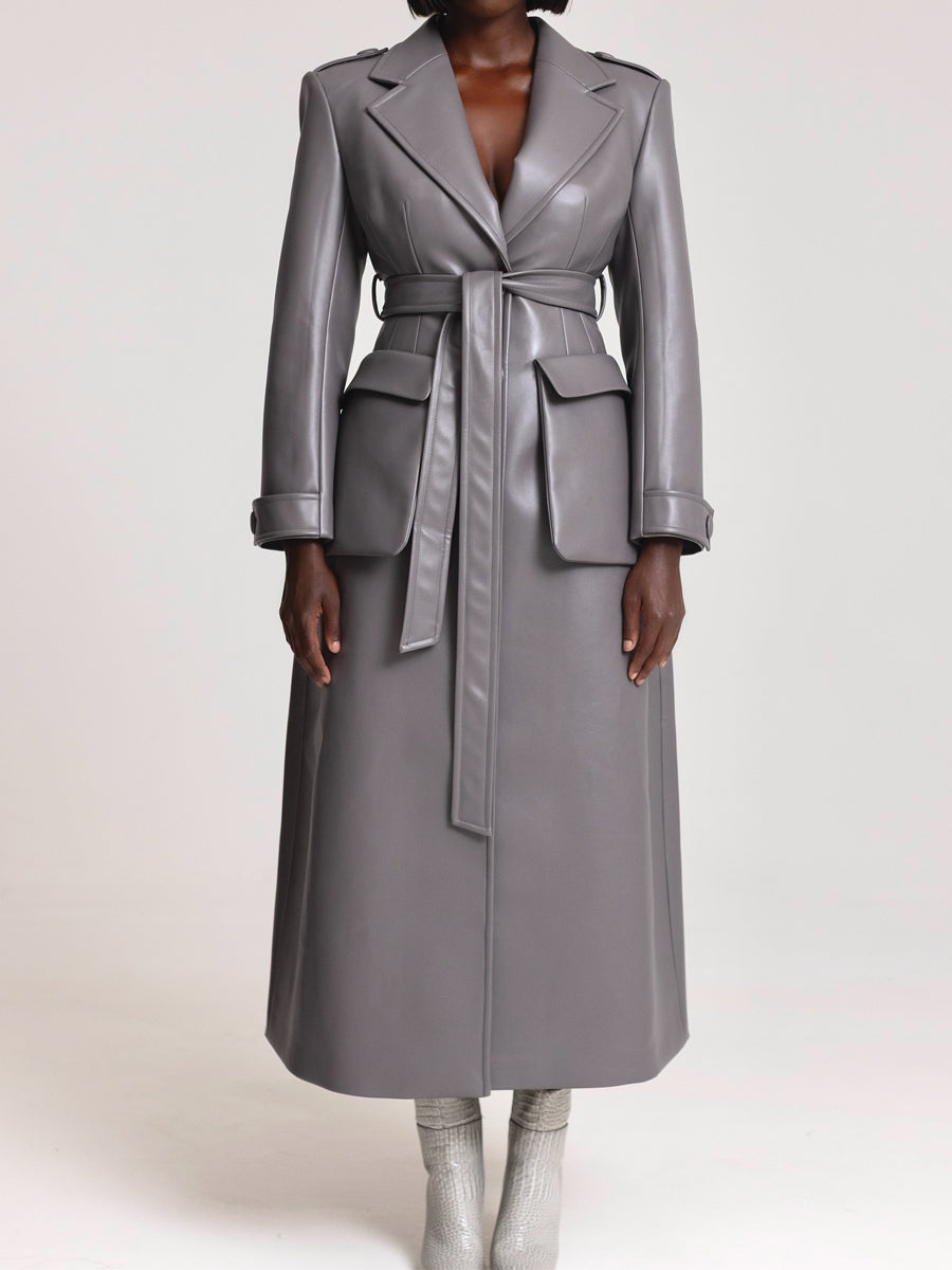 Faux Leather Oversized Front Flap Pockets Trench Coat