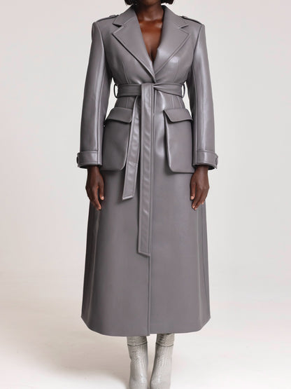 Faux Leather Oversized Front Flap Pockets Trench Coat