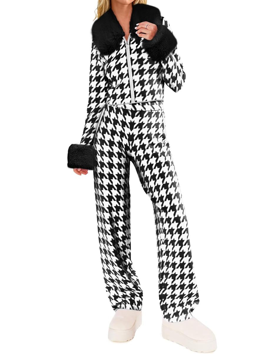 Fur Collar Color Block Two Pieces Set