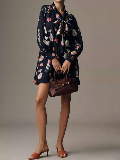 Adjustable Tie-neck Printed Loose Mini Dress