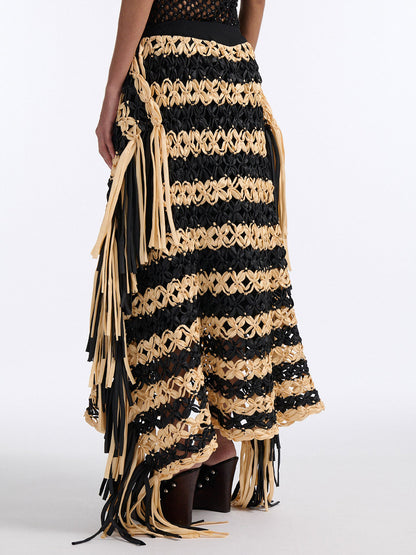 Knotted Fringe Striped Hand-made Maxi Skirt