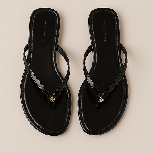 Black Leather Thong Toe - Post Sandals with Gold Embellishment