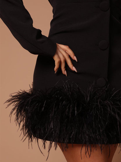 Feather Trim Button Front Blazer Dress