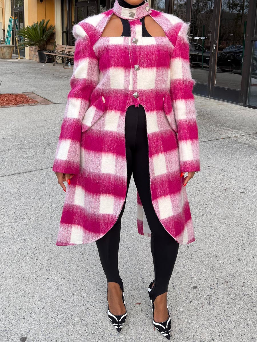Plaid Print High Neck Cut Out Coat
