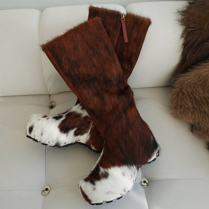 Platform Sole Imitation Calf Hair Knee-High Winter Boots