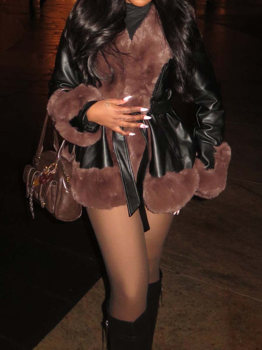 Faux Fur Trim Peplum Waist Warm Coat